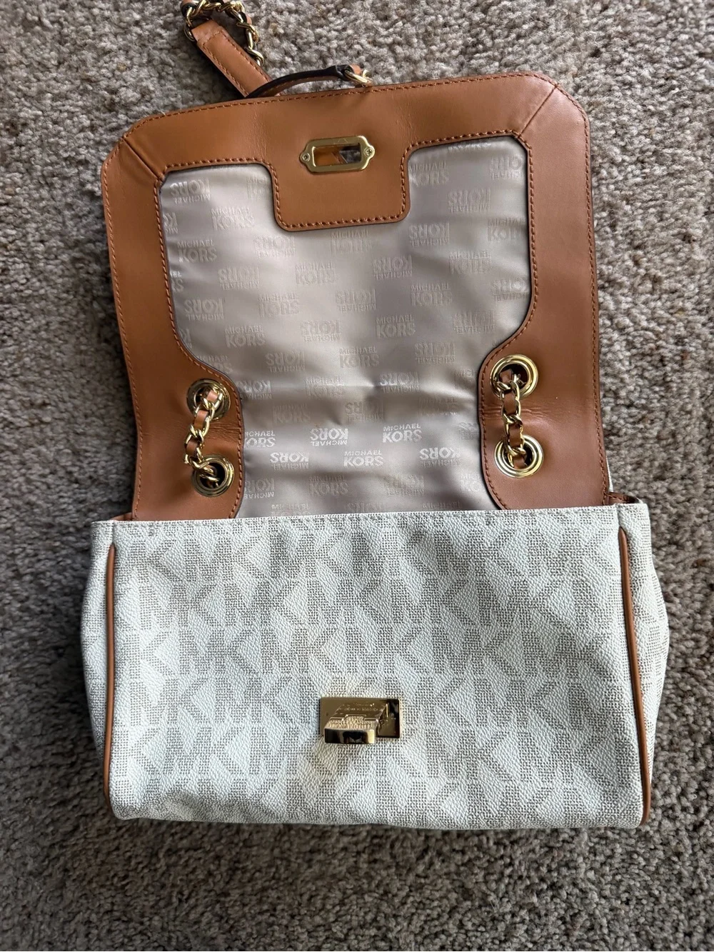 Michael Kors Ivory Signature MK Chain Shoulder Bag with Tan Trim